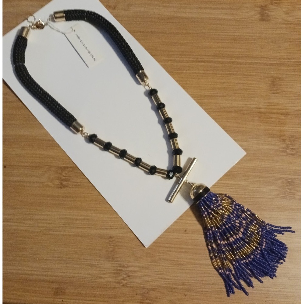 NEW French Connection Black & Gold Blue Beaded Tassel Statement Necklace
